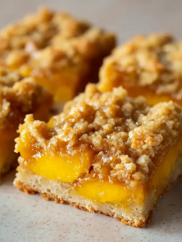 Close-up of a single Peach Crumble Bar on a ceramic plate, highlighting the glossy honey glaze and golden-brown crumble peaks.