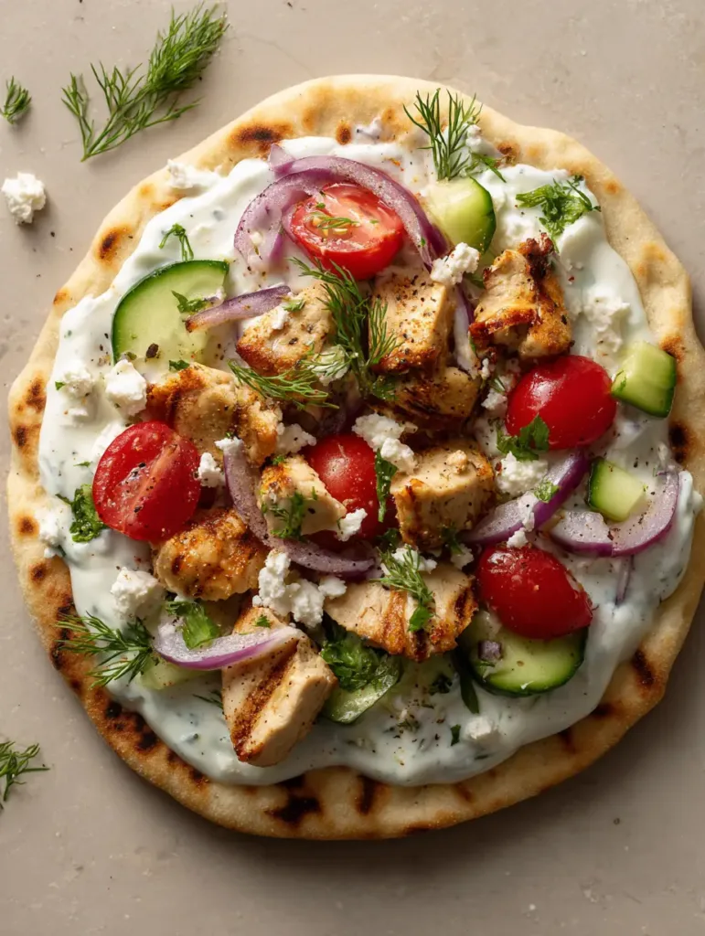 Top view of a Greek Chicken Flatbread garnished with cherry tomatoes, cucumber cubes, and feta cheese.