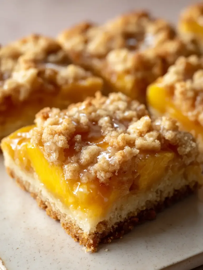 High-angle shot of Peach Crumble Bars sliced with clean sharp edges, showcasing the distinct layers of shortbread and vibrant fruit.