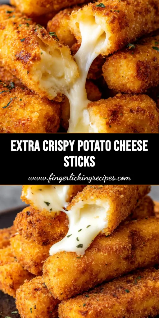A stack of golden-brown Potato Cheese Sticks on a rustic plate, one broken to show a long mozzarella cheese pull.