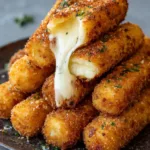Cylindrical golden-brown Potato Cheese Sticks piled on a dark rustic plate under natural light. (Potato Cheese Sticks)