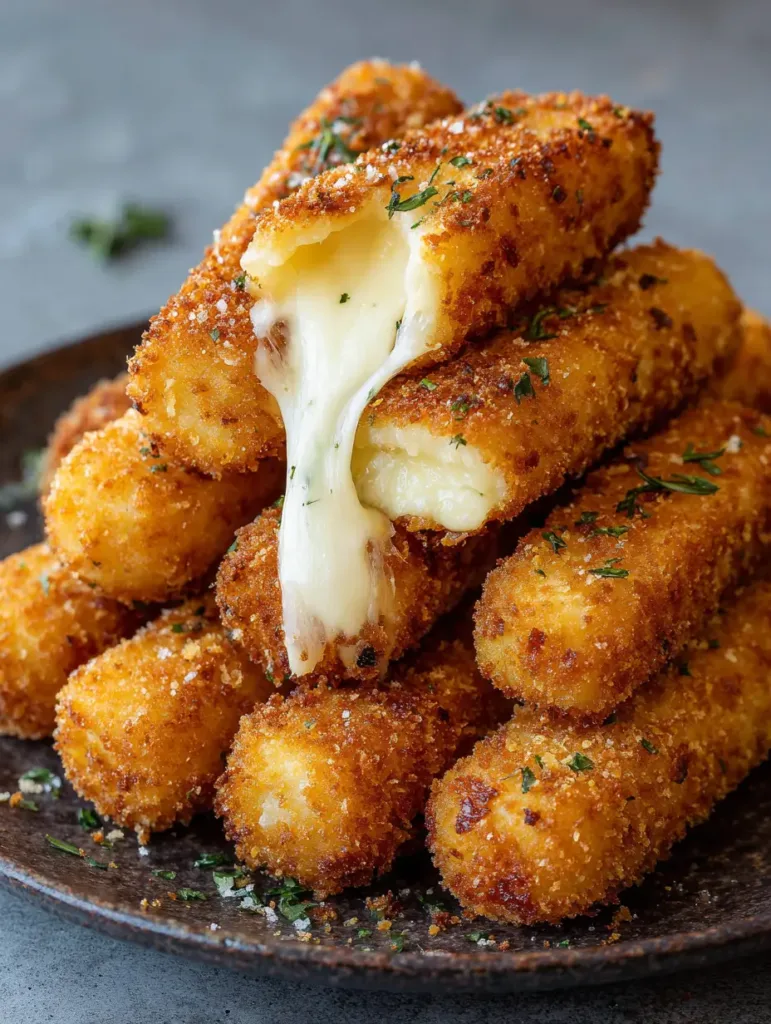 Cylindrical golden-brown Potato Cheese Sticks piled on a dark rustic plate under natural light. (Potato Cheese Sticks)
