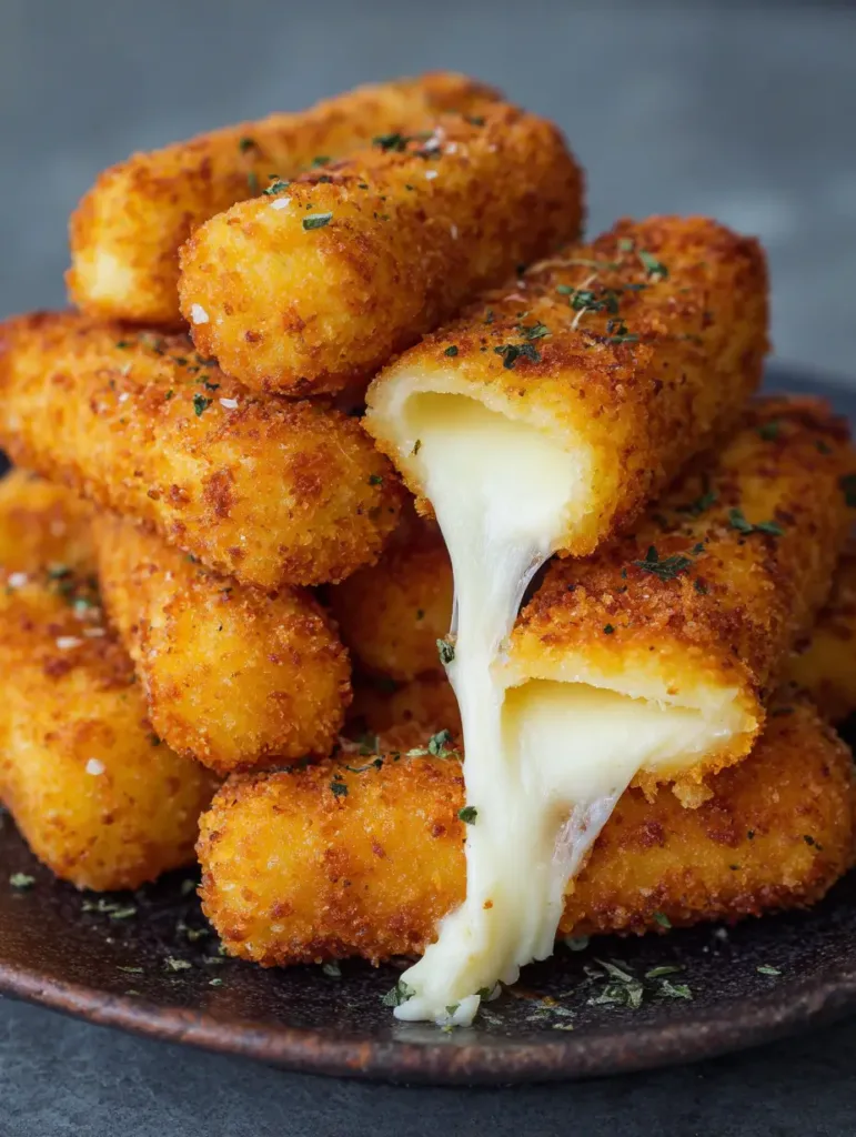 Close-up of a broken Potato Cheese Stick revealing the smooth yellow potato layer and stretchy white mozzarella.