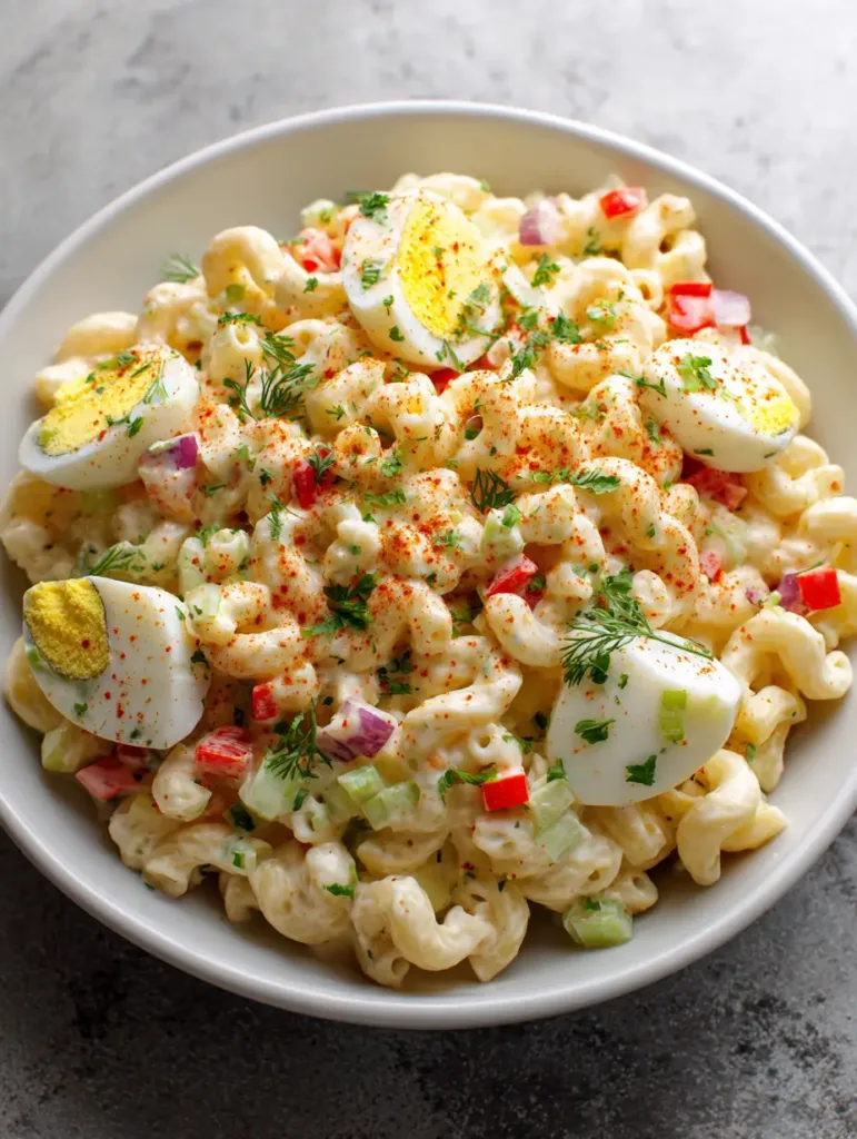 Top-down view of Dolly Parton Macaroni Salad showing glossy dressing, diced pimentos, and celery flecks.