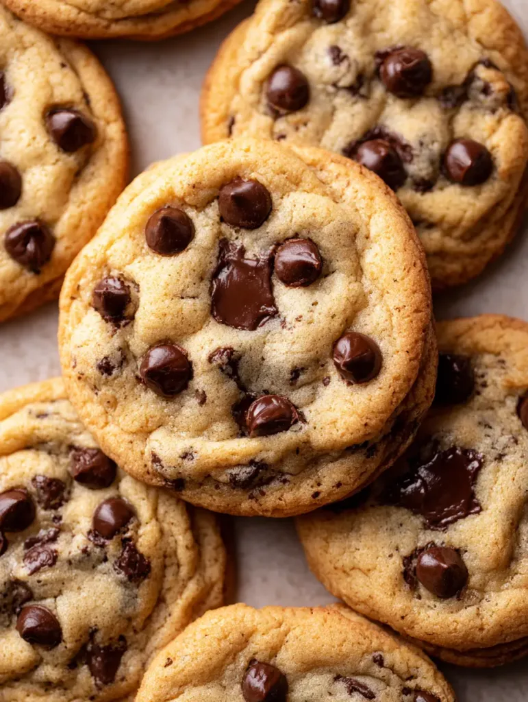 Close-up of thick freshly baked Classic Chocolate Chip Cookies with irregular pools of dark chocolate and crinkled golden surfaces.