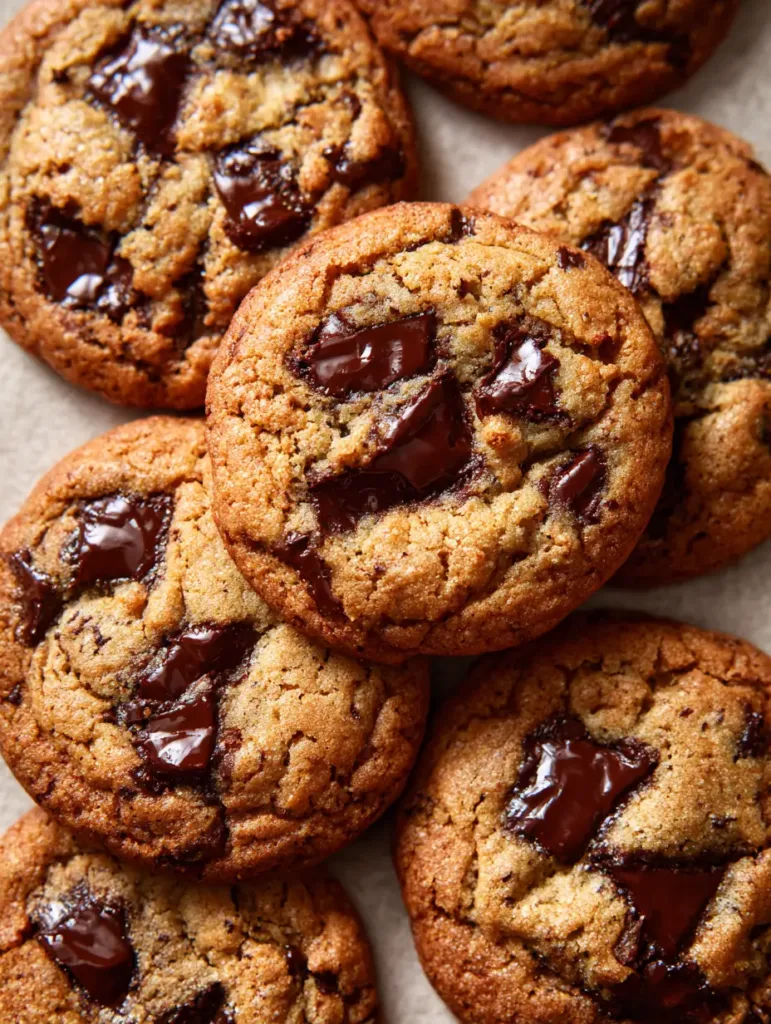 Several thick Classic Chocolate Chip Cookies piled together showing the sheen of melted dark chocolate chunks and semi-sweet chips.