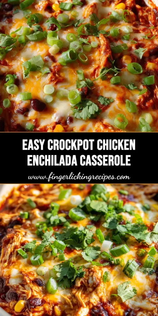 A top-down view of a Slow Cooker Chicken Enchilada Casserole with melted bubbly cheese and fresh green garnishes in a white bowl.
