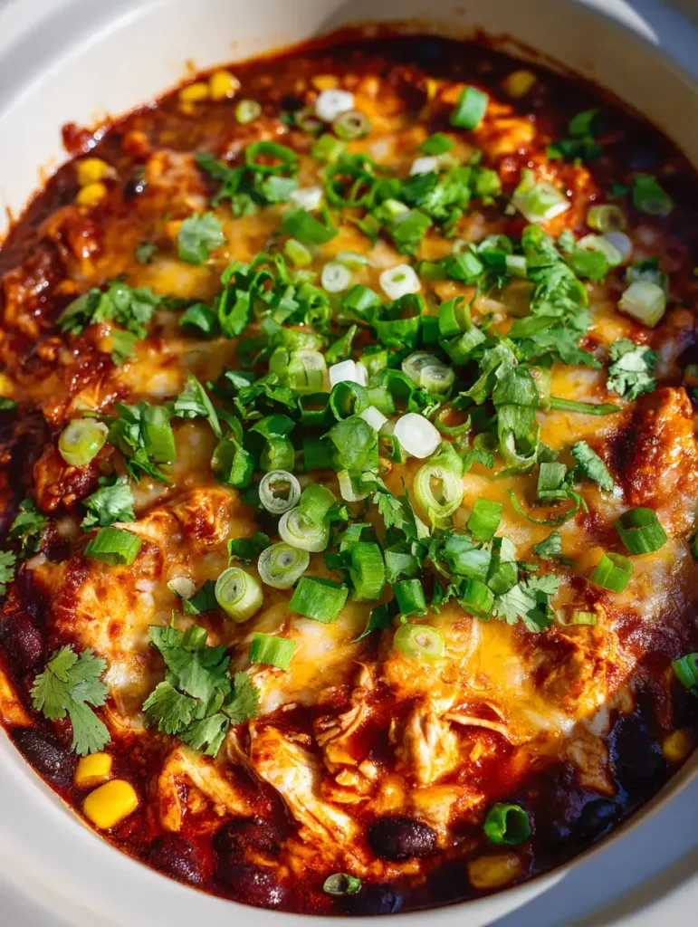 Close-up of shredded white meat chicken, black beans, and corn in a glossy red sauce for a Slow Cooker Chicken Enchilada Casserole.