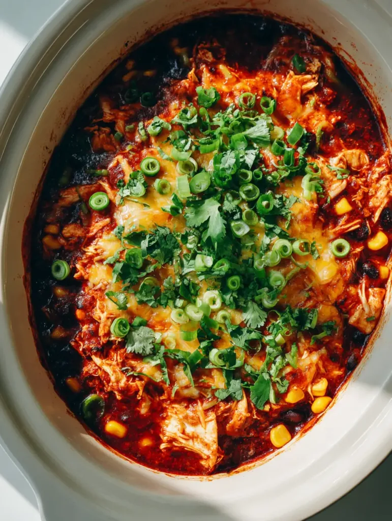 Melted Monterey Jack and sharp cheddar cheese with golden-brown spots on a Slow Cooker Chicken Enchilada Casserole.