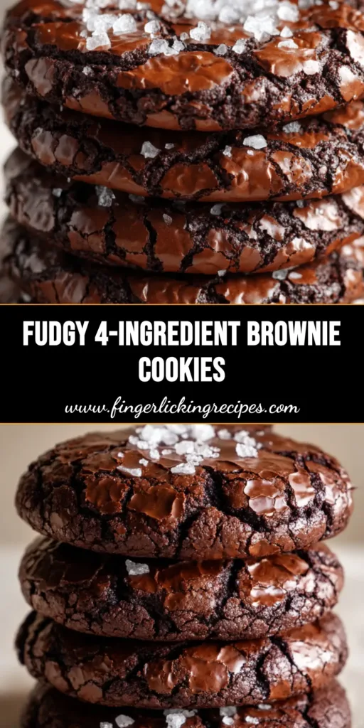 A vertical stack of three thick circular brownie mix cookies with glossy cracked tops and coarse sea salt flakes.