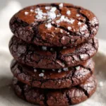 Close up of the paper-thin crackled crust on brownie mix cookies with large sea salt flakes.