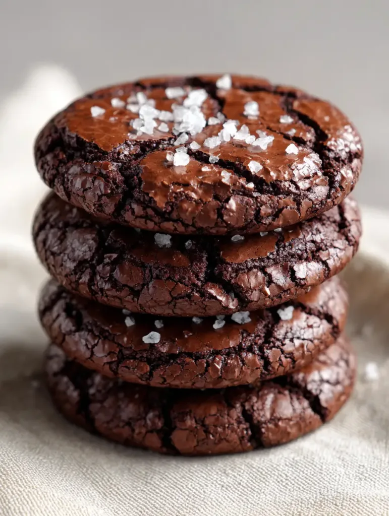 Close up of the paper-thin crackled crust on brownie mix cookies with large sea salt flakes.