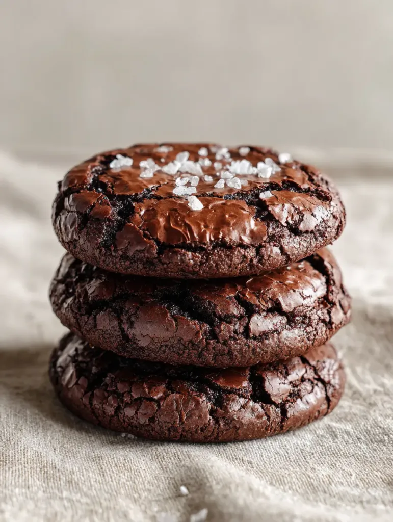 Three thick brownie mix cookies stacked on a beige linen napkin under natural daylight.