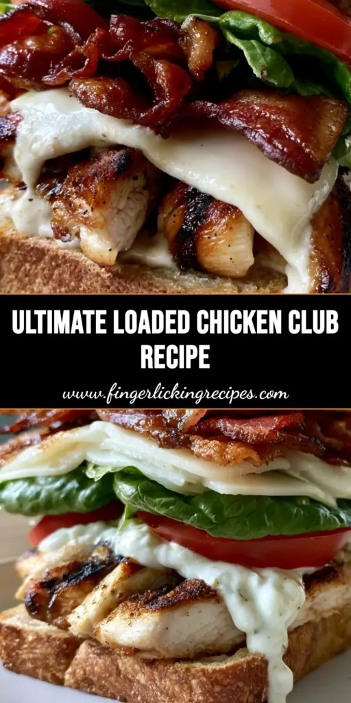 Ultimate Chicken Club Sandwich with Garlic Aioli and Toasted Sourdough 5 A towering Ultimate Chicken Club Sandwich with seared chicken, crispy bacon, and garlic aioli on a white plate.