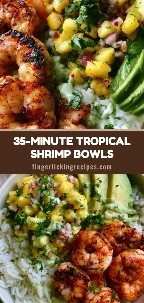 Tropical Shrimp Rice Bowl with Charred Pineapple Salsa and Avocado Crema 6 A top-down view of a Tropical Shrimp Rice Bowl in a white ceramic bowl featuring charred shrimp, yellow pineapple salsa, and fanned avocado slices.