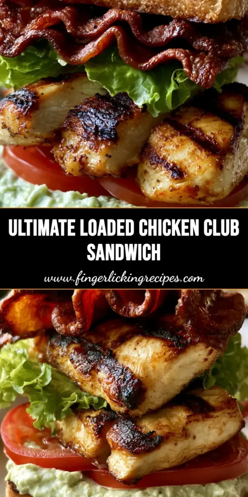 The Ultimate Chicken Club Sandwich with Creamy Avocado Ranch Spread 5 A towering Chicken Club Sandwich with seared chicken, crispy bacon, and avocado ranch on a neutral plate, secured with a toothpick.