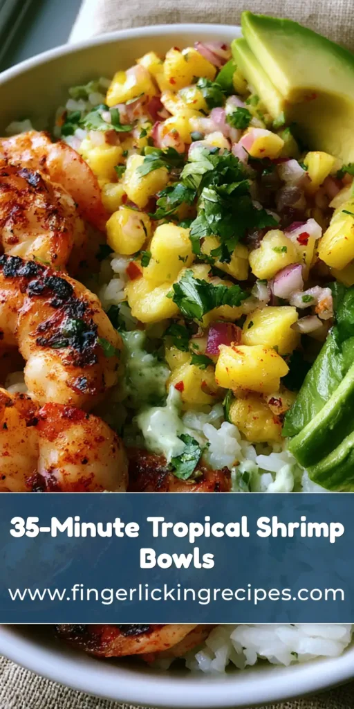 Tropical Shrimp Rice Bowl with Charred Pineapple Salsa and Avocado Crema 7 A top-down view of a Tropical Shrimp Rice Bowl in a white ceramic bowl featuring charred shrimp, yellow pineapple salsa, and fanned avocado slices.