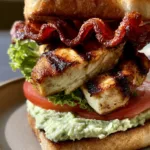 Close-up of a Chicken Club Sandwich showing the charred edges of seared chicken and creamy avocado ranch spread.
