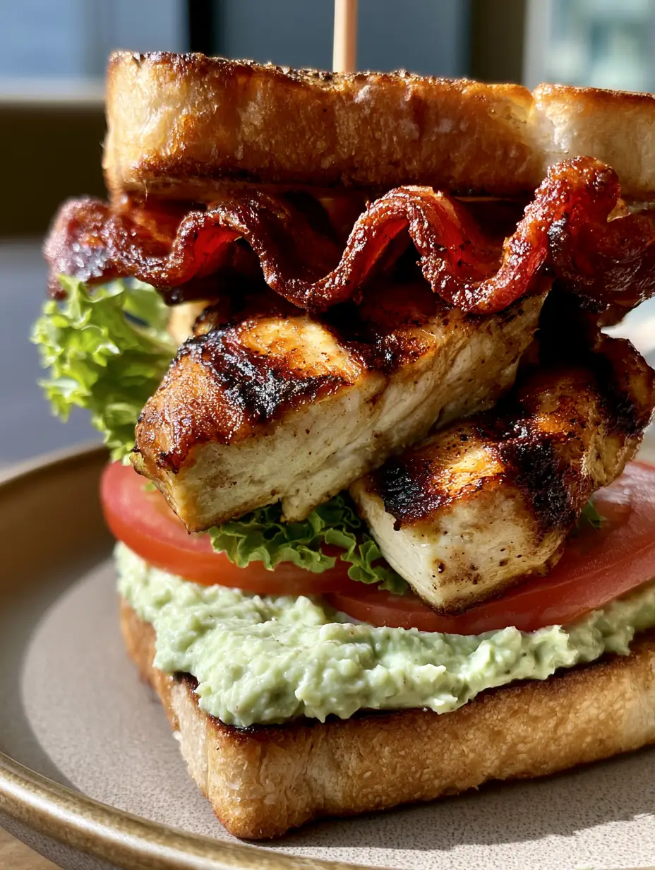 The Ultimate Chicken Club Sandwich with Creamy Avocado Ranch Spread 4 Close-up of a Chicken Club Sandwich showing the charred edges of seared chicken and creamy avocado ranch spread.
