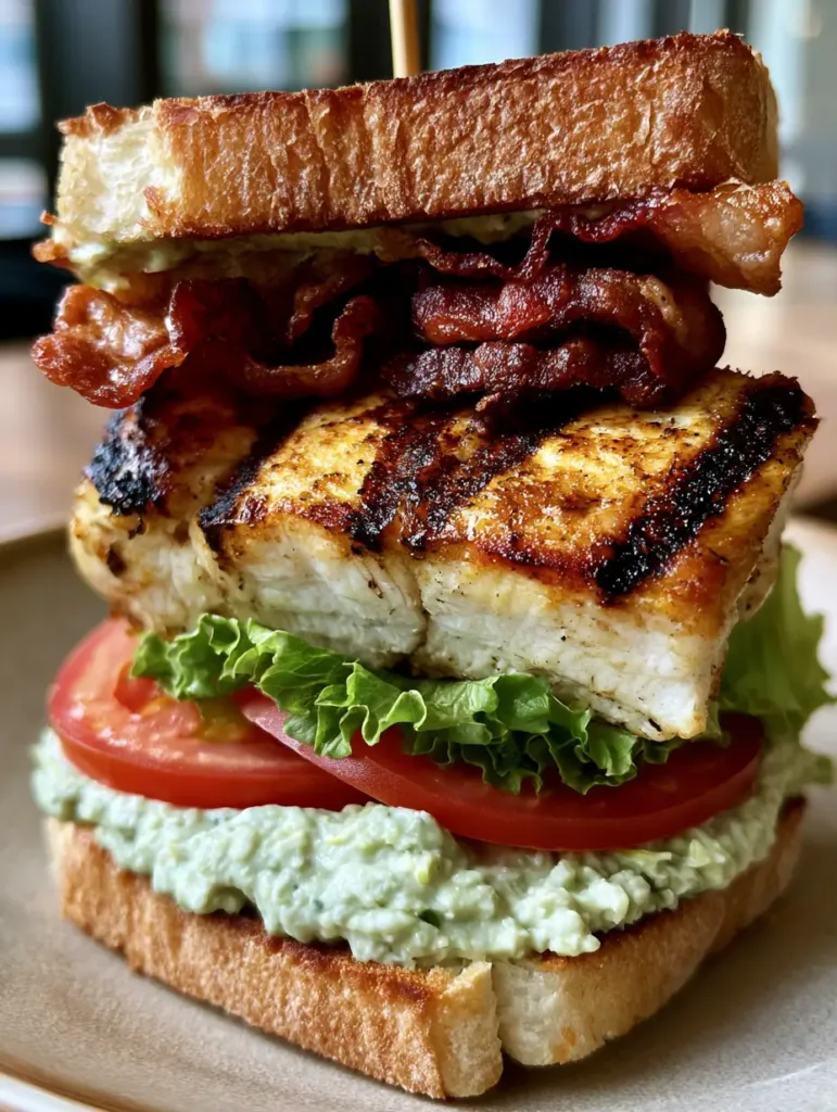 The Ultimate Chicken Club Sandwich with Creamy Avocado Ranch Spread 2 A handheld-style photo of a tall multi-layered Chicken Club Sandwich featuring ruffled lettuce and wavy bacon strips.