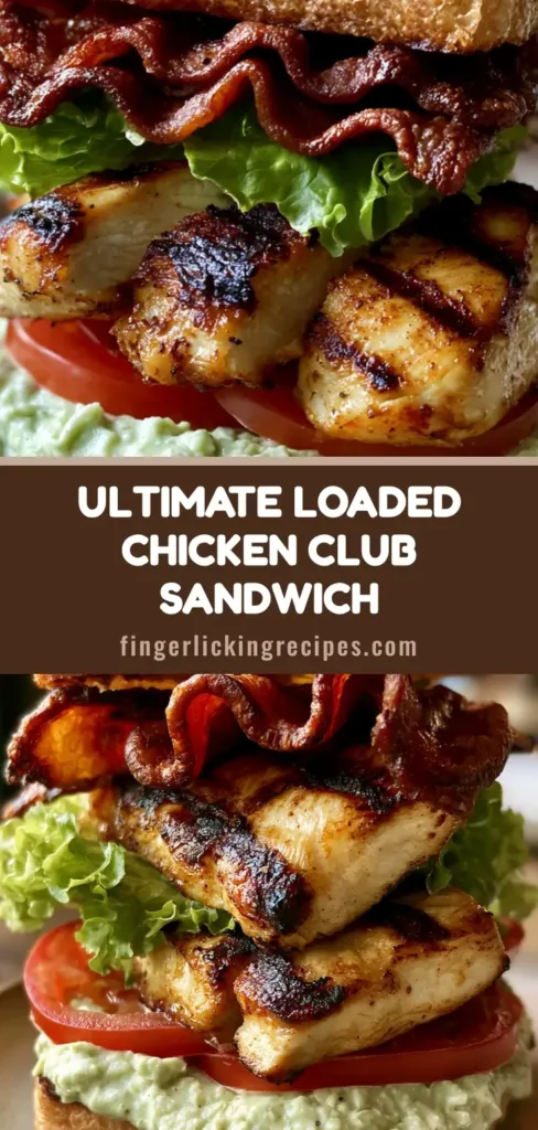 The Ultimate Chicken Club Sandwich with Creamy Avocado Ranch Spread 6 A towering Chicken Club Sandwich with seared chicken, crispy bacon, and avocado ranch on a neutral plate, secured with a toothpick.
