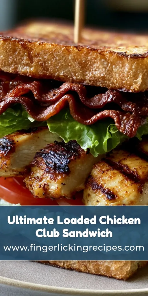 The Ultimate Chicken Club Sandwich with Creamy Avocado Ranch Spread 7 A towering Chicken Club Sandwich with seared chicken, crispy bacon, and avocado ranch on a neutral plate, secured with a toothpick.