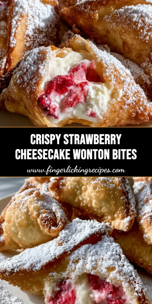 Strawberry Cheesecake Wonton Bites: The Crispiest Golden Dessert Appetizer 5 A stack of deep-fried Strawberry Cheesecake Wonton Bites heavily dusted with powdered sugar on a white plate.