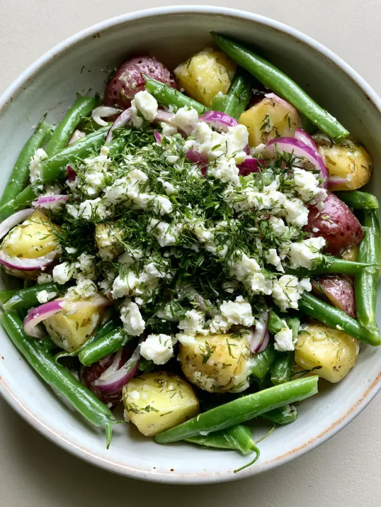 A rustic white ceramic bowl filled with Mediterranean Greek Potato Salad featuring red-skinned potatoes and bright green beans. (Mediterranean Greek Potato Salad)
