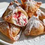 A handheld smartphone photo of Strawberry Cheesecake Wonton Bites, showing one bitten open to reveal creamy filling and red berries.