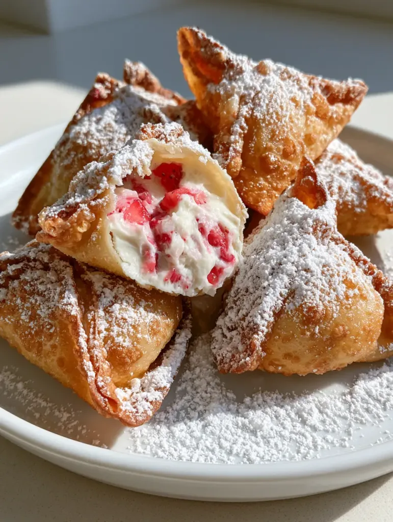 Strawberry Cheesecake Wonton Bites: The Crispiest Golden Dessert Appetizer 3 A handheld smartphone photo of Strawberry Cheesecake Wonton Bites, showing one bitten open to reveal creamy filling and red berries.