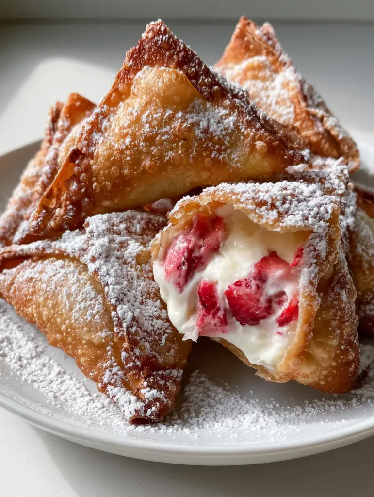 Strawberry Cheesecake Wonton Bites: The Crispiest Golden Dessert Appetizer 2 Deep-fried strawberry cheesecake wontons arranged on a white ceramic plate under natural light.