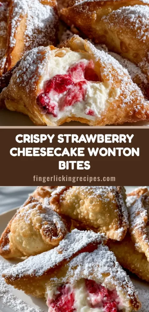 Strawberry Cheesecake Wonton Bites: The Crispiest Golden Dessert Appetizer 6 A stack of deep-fried Strawberry Cheesecake Wonton Bites heavily dusted with powdered sugar on a white plate.