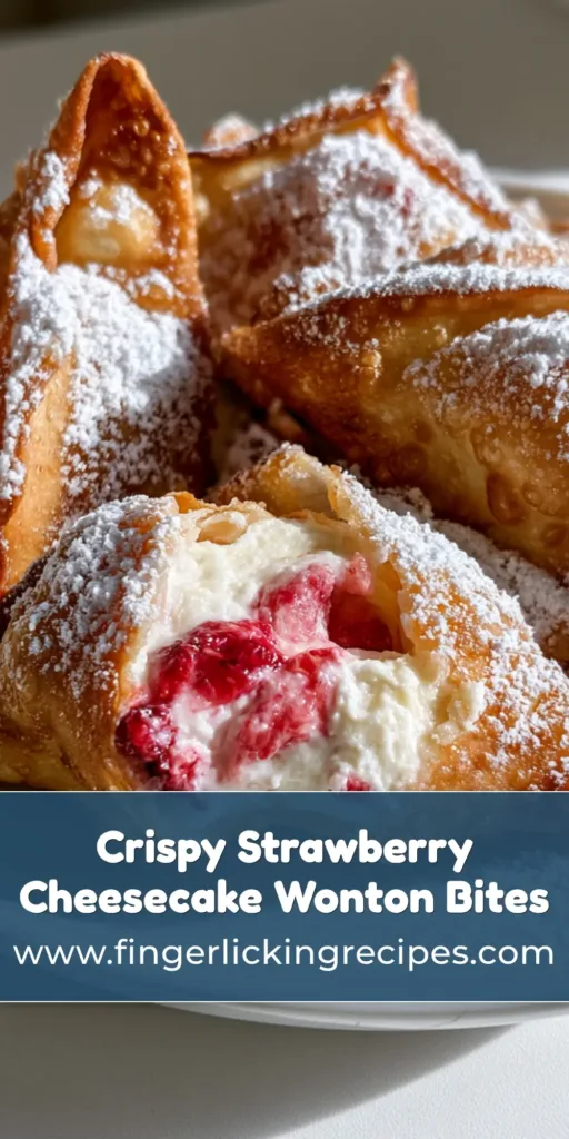 Strawberry Cheesecake Wonton Bites: The Crispiest Golden Dessert Appetizer 7 A stack of deep-fried Strawberry Cheesecake Wonton Bites heavily dusted with powdered sugar on a white plate.