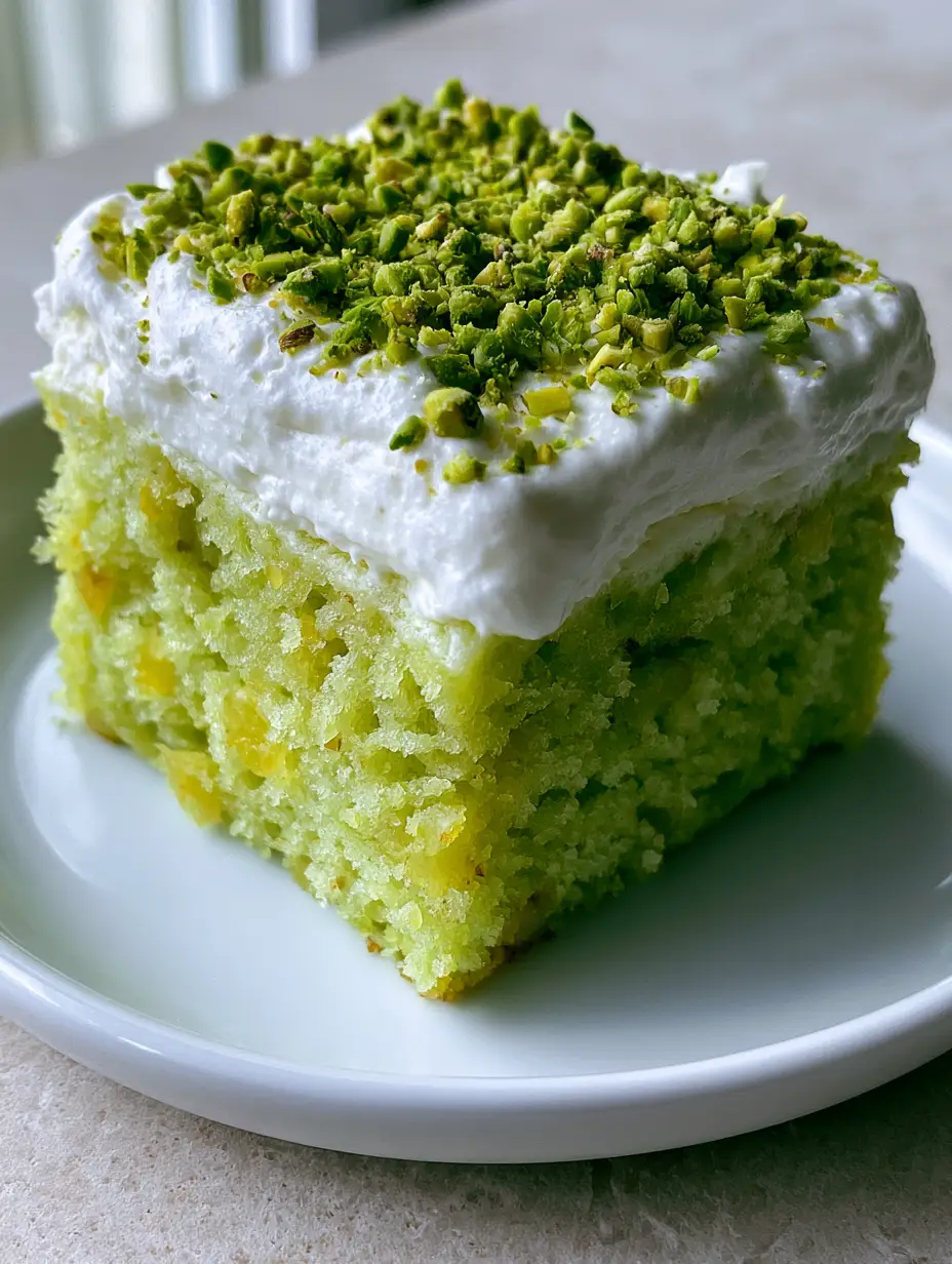 Pistachio Pineapple Cake: The Ultimate Moist Tropical Sponge with Whipped Frosting 4 Close-up of Pistachio Pineapple Cake highlighting the soft crumb texture and crushed pineapple bits.
