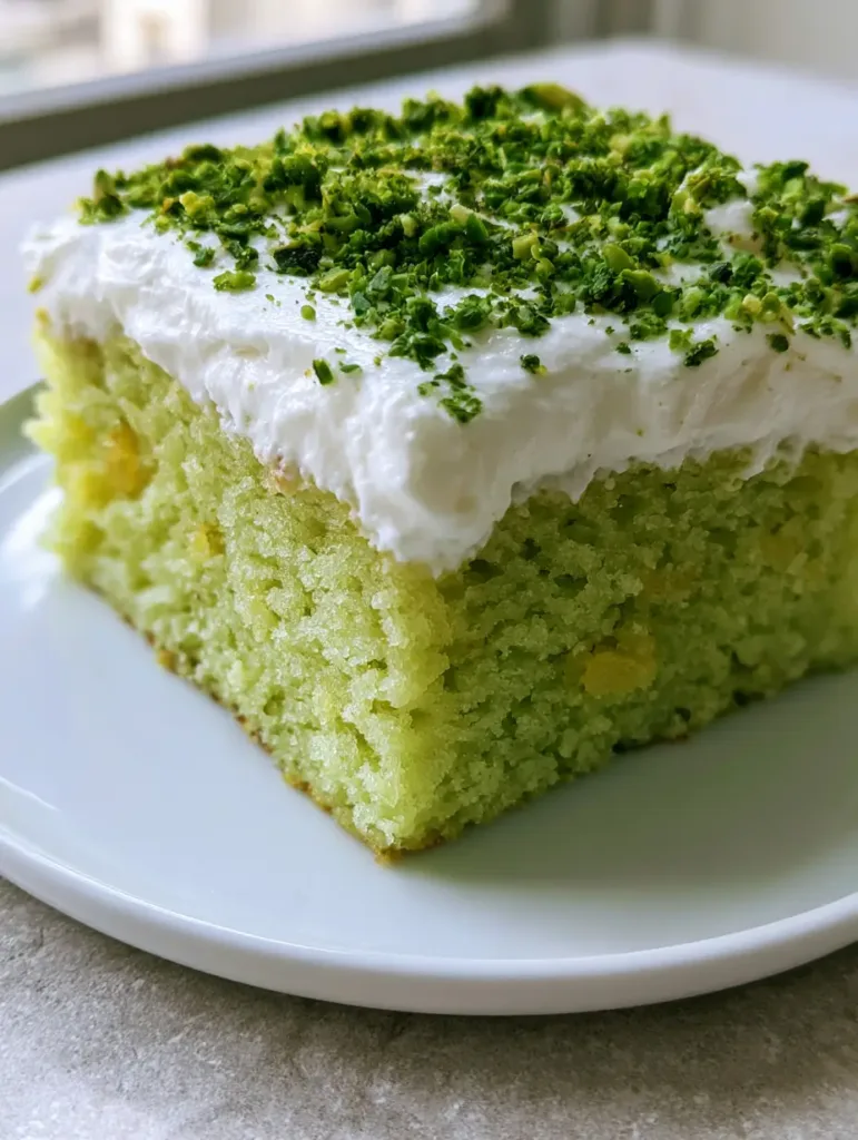 Pistachio Pineapple Cake: The Ultimate Moist Tropical Sponge with Whipped Frosting 2 A side angle view of the pistachio pineapple cake on a stone surface under natural light.