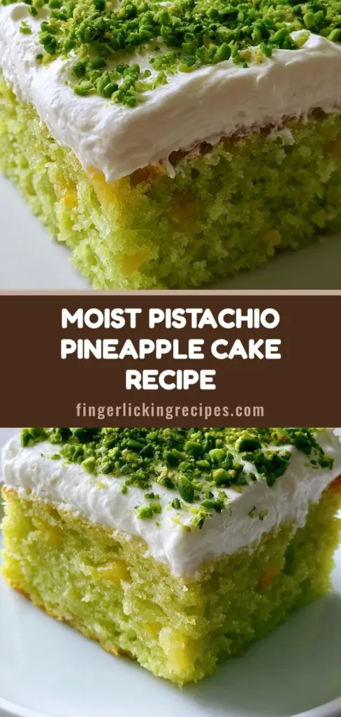 Pistachio Pineapple Cake: The Ultimate Moist Tropical Sponge with Whipped Frosting 6 A square slice of Pistachio Pineapple Cake on a white plate, showing the pale green sponge and thick white whipped frosting.