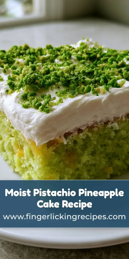 Pistachio Pineapple Cake: The Ultimate Moist Tropical Sponge with Whipped Frosting 7 A square slice of Pistachio Pineapple Cake on a white plate, showing the pale green sponge and thick white whipped frosting.