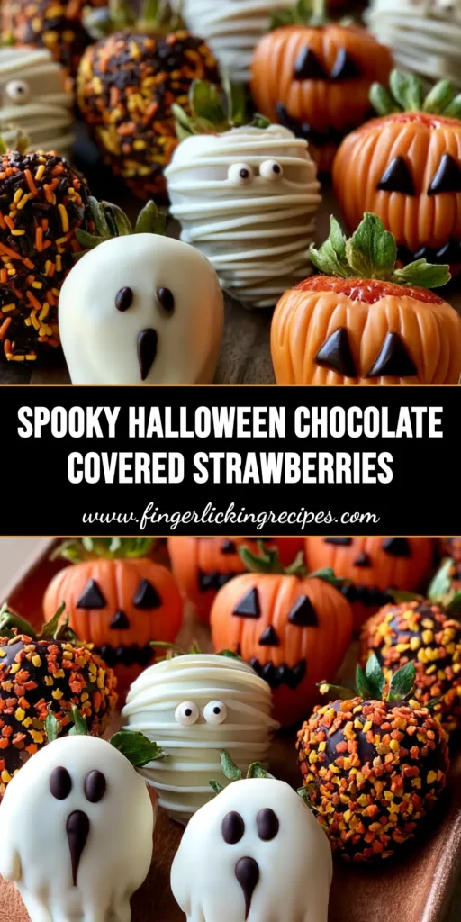 A wooden platter filled with Halloween Chocolate Covered Strawberries decorated as ghosts, mummies, and pumpkins.