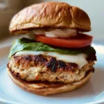 A smartphone photo of a thick seared ground turkey burger patty with a dark brown crust on a white plate. (Juicy Turkey Burgers)