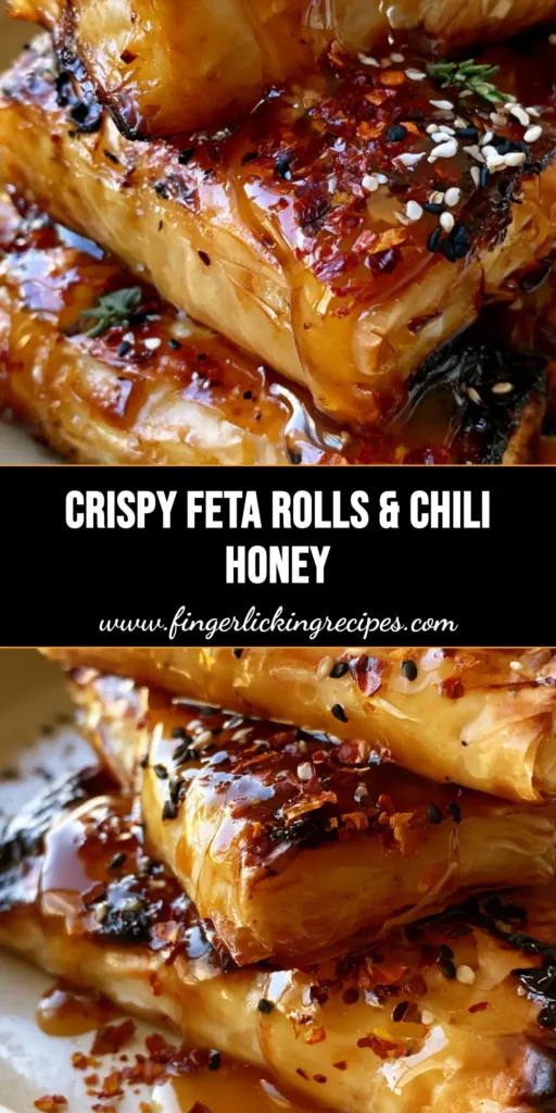 A stack of golden brown Baked Feta Rolls on a cream plate with honey drizzle and sesame seeds.