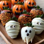 Halloween Chocolate Covered Strawberries: The Ultimate Spooky Party Treat Smartphone photo of white chocolate ghost and mummy Halloween Chocolate Covered Strawberries on a wood surface.