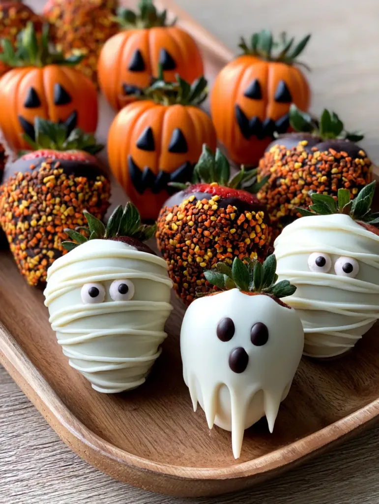 Smartphone photo of white chocolate ghost and mummy Halloween Chocolate Covered Strawberries on a wood surface.