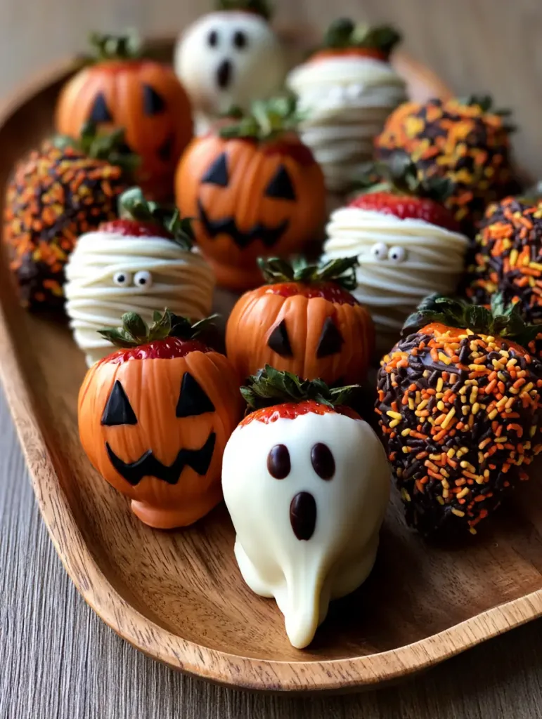 Orange pumpkin and dark chocolate sprinkle-covered Halloween Chocolate Covered Strawberries.