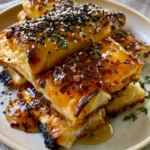 Handheld photo showing the dark toasted edges and glossy honey of Baked Feta Rolls.