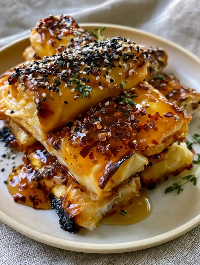 Handheld photo showing the dark toasted edges and glossy honey of Baked Feta Rolls.
