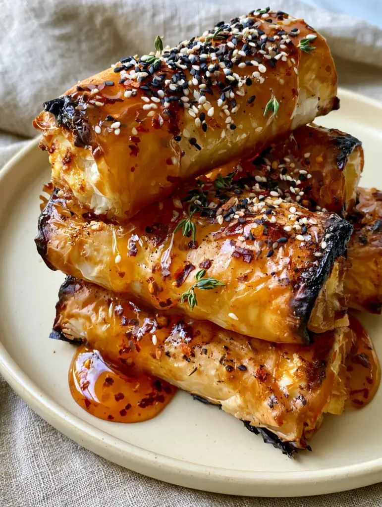 Vertical shot of stacked Baked Feta Rolls topped with black and white sesame seeds.