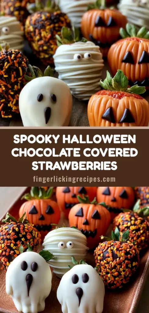 A wooden platter filled with Halloween Chocolate Covered Strawberries decorated as ghosts, mummies, and pumpkins.