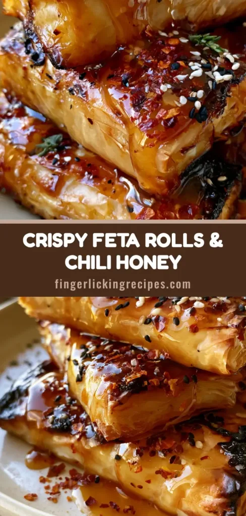A stack of golden brown Baked Feta Rolls on a cream plate with honey drizzle and sesame seeds.