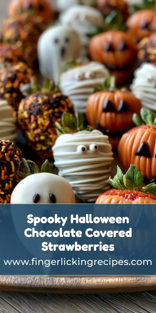 A wooden platter filled with Halloween Chocolate Covered Strawberries decorated as ghosts, mummies, and pumpkins.
