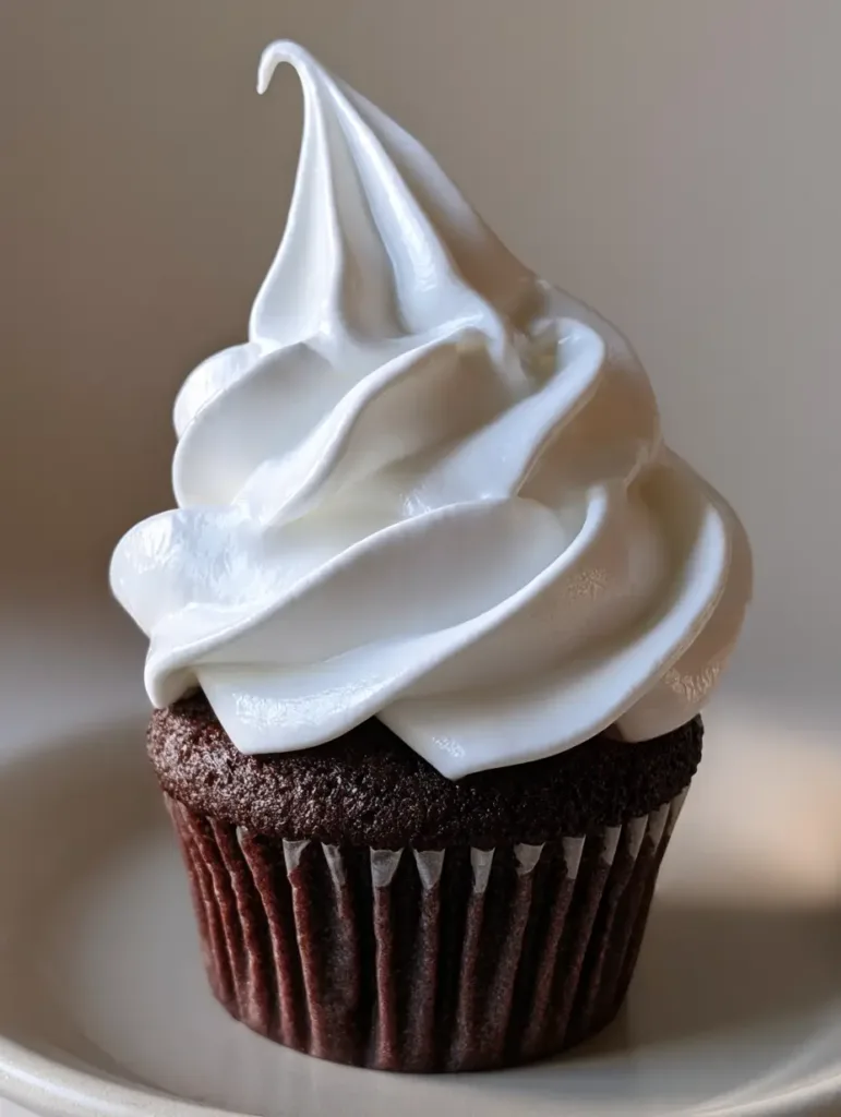 Handheld smartphone photo of a dark cocoa cupcake with voluminous Marshmallow Buttercream Frosting in natural daylight.